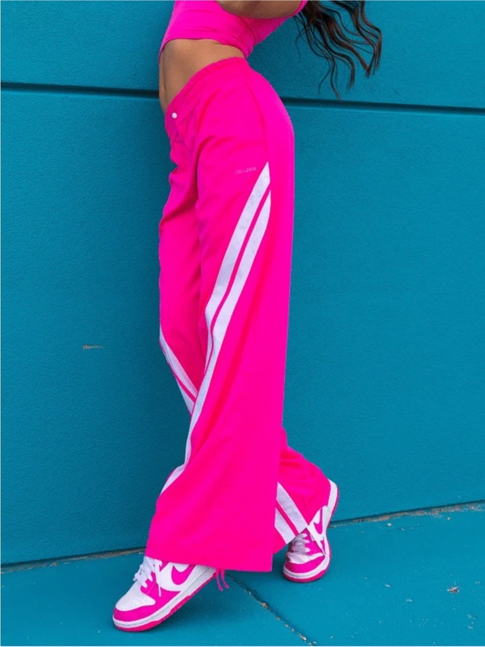 Jo+Jax Sport Pant Neon Pink Wide-Leg Joggers White Side Stripes YL